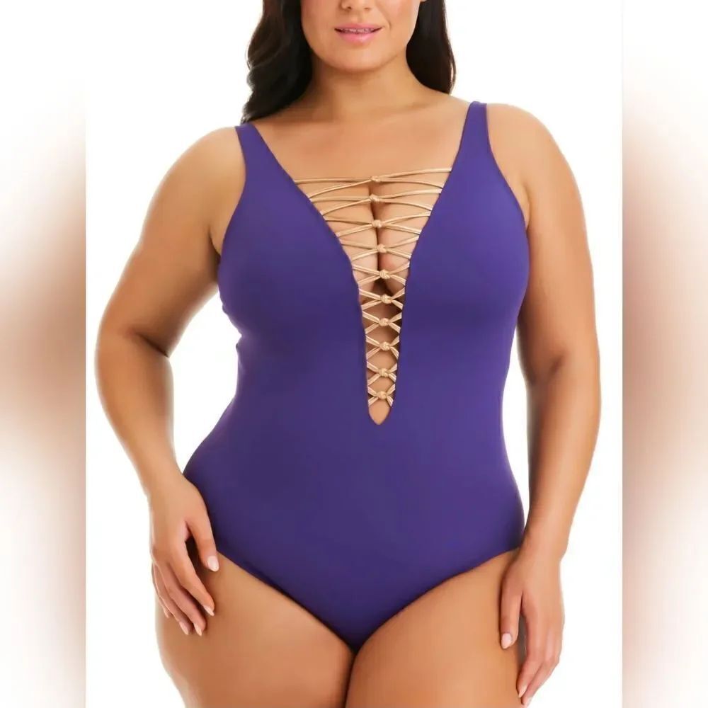 BLEU ROD BEATTIE Lace Down Plunge Plus One Piece NWT size 22W purple